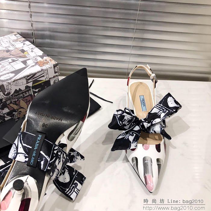 PRADA普拉達 2019早春新款 蝴蝶結絲帶 百搭款 高跟涼鞋 牛漆皮 女尖頭鞋 一鞋兩穿  ljl1466